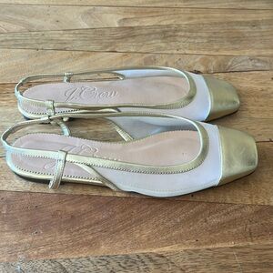 WOMENS J CREW METALLIC GOLD LEATHER MESH SQUARE TOE SLING BACK FLATS 8